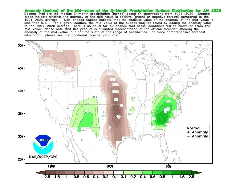 3-month precipitation outlook for June, July, and August 2026