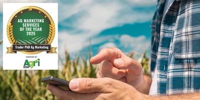 Farmer using his phone; Award plaque for Trader PhD Ag Marketing, Agri Business Review's Ag Marketing Service of the Year 2025