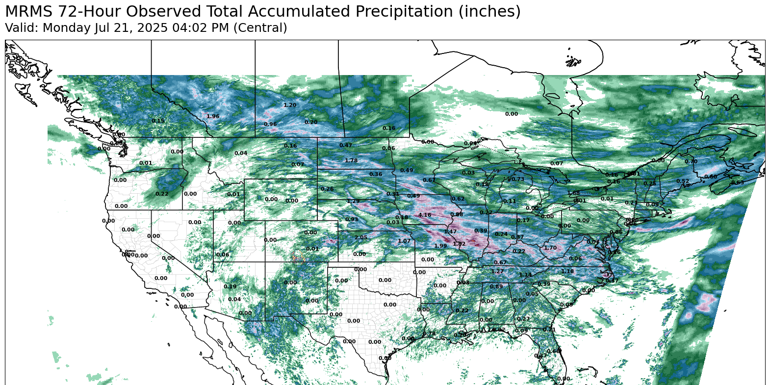 July 21 MRMS Last 72 Hours Observed total accumulated precipitation (inches)
