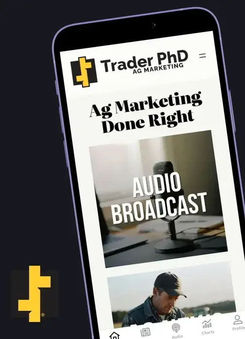 Trader PhD mobile app home screen featuring agricultural marketing audio broadcasts.